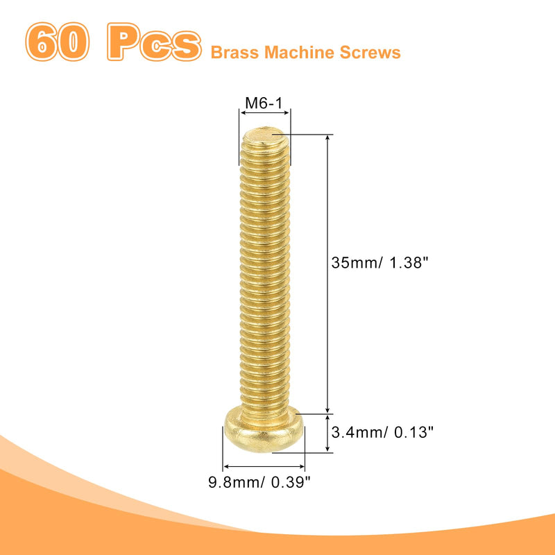 uxcell 60Pcs Brass Machine Screws, M6x35mm Phillips Pan Head Fastener Machinery Bolts, Pan Head Fastener Bolts for Furniture, Office Equipment, Electronics, Brass 60