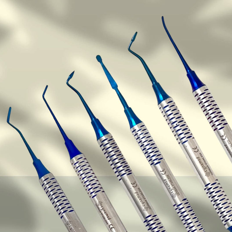 German Stainless-Dental Composite Non Stick Filling Instruments Kit in Stainless Steel Cassette (6 PCS Blue Titanium Coated)-Cynamed