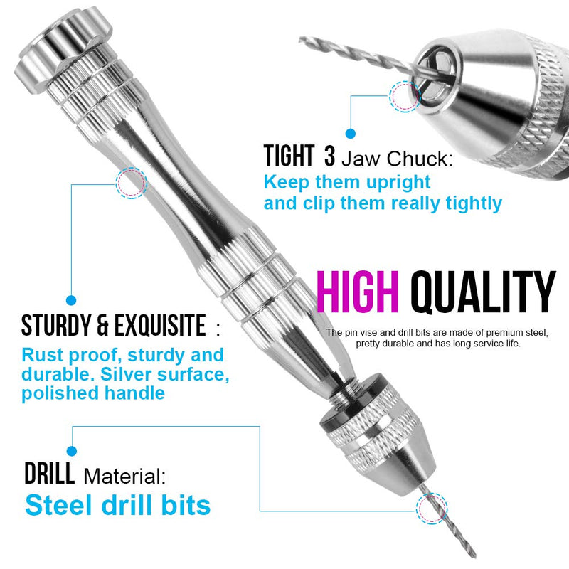 LEOBRO Pin Vise for Resin Casting Molds, Steel Hand Drill, Resin Drill with 10 PCS Drill Bit, Precision Hand Drill Tools for Epoxy Resin Arts Crafts, Wood, Clay, DIY Resin Keychain Jewelry Making A-silver