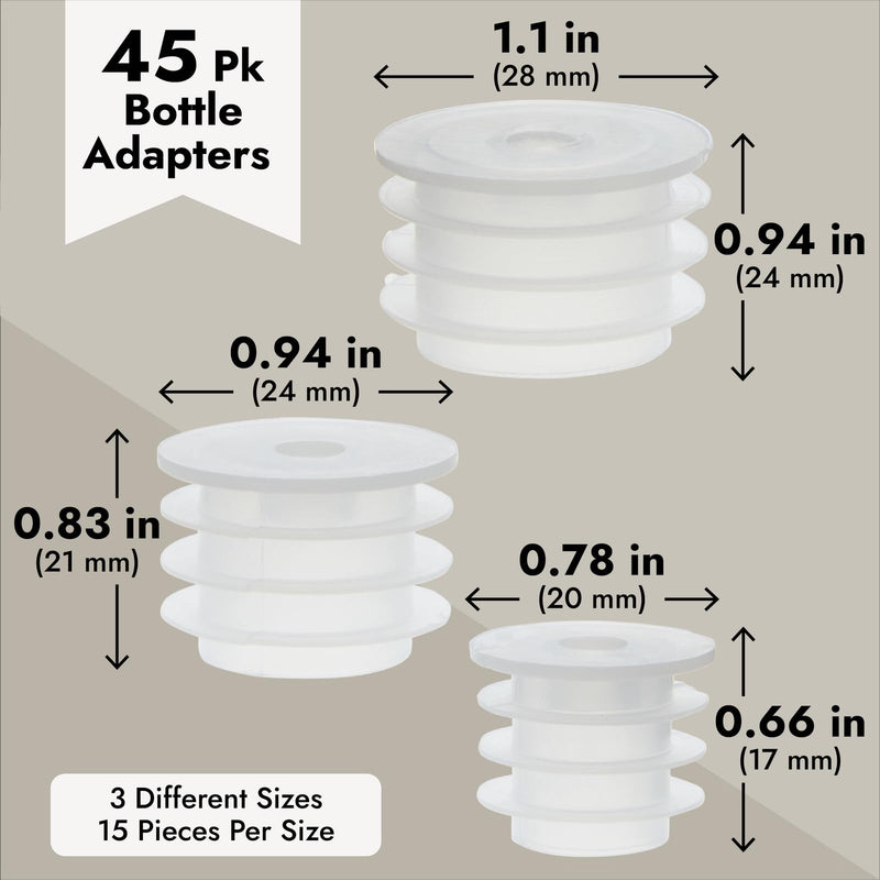 Juvale 45 Pack Press In Medicine Bottle Adapter for Syringe, 3 Sized Medical Dosing Adaptor for Oral Dispensers, Liquid Medication