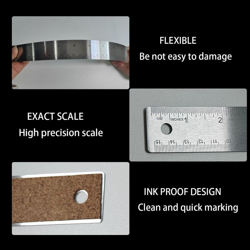 Stainless Steel Cork Back Metal Ruler, 6 Inch 12 Inch Straight Edge Cork Base Rulers, Metal Ruler Cork Backed, Stainless Steel Metal Ruler with Cork Backing, Non-Slip Straight Edge Rulers, 2 Pack