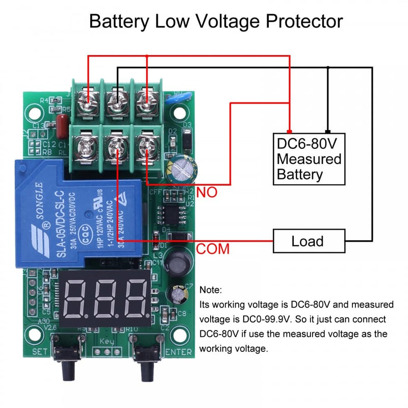 Voltage Monitor Module, A30-U1 30A DC 99.9V Voltage Detection Control Relay with Delay Battery Charge Discharge Timer with Overvoltage Undervoltage Control