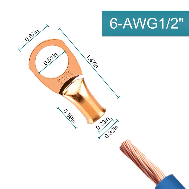 10PCS Battery Cable Ends, 6 Gauge Wire Connectors 1/2 Copper Wire Lugs, Bare Copper Eyelets with Heat Shrink Tubing by HOUSUN 6AWG*1/2"(M12) 10