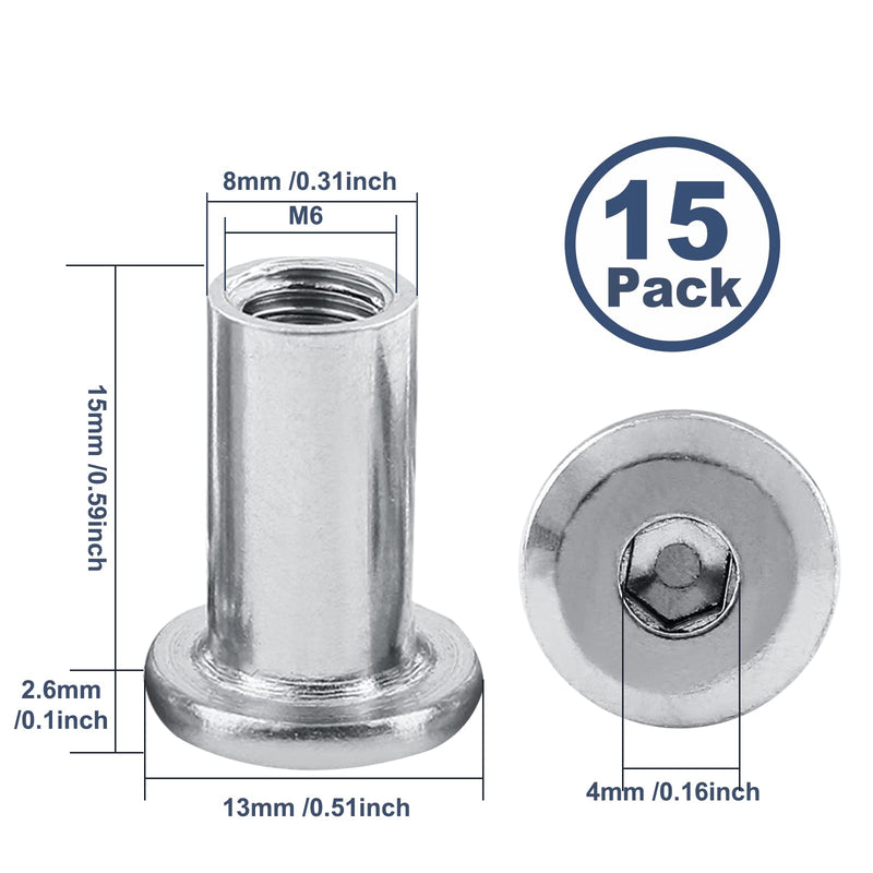 Litoexpe M6 x 15mm Rivet Hex Socket Head Insert Nuts Screw Post Nickel Plated Iron Insert Nut Mounting for Furniture Beds Tone 15Pcs