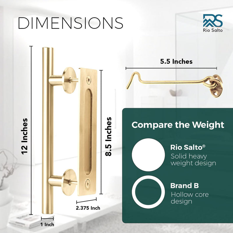Rio Salto 12-Inch Gold Barn Door Handle Kit with Latch Lock Set Closet Brass Finish Pull Handle Flush Handles Hardware Large Sliding Door Handles 1-Door (Light Gold - 1Pack w/Lock)