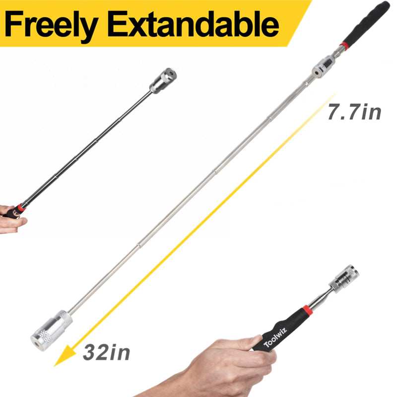 Toolwiz Magnetic Telescoping Pickup Tool 8 Lb with LED light, Portable Extendable Magnet Pickup Tool 7.7-32 Inch/19-80cm Extendable Retrieving Tool, 8 Lbs Lifting Capacity, Christmas Gifts for Men
