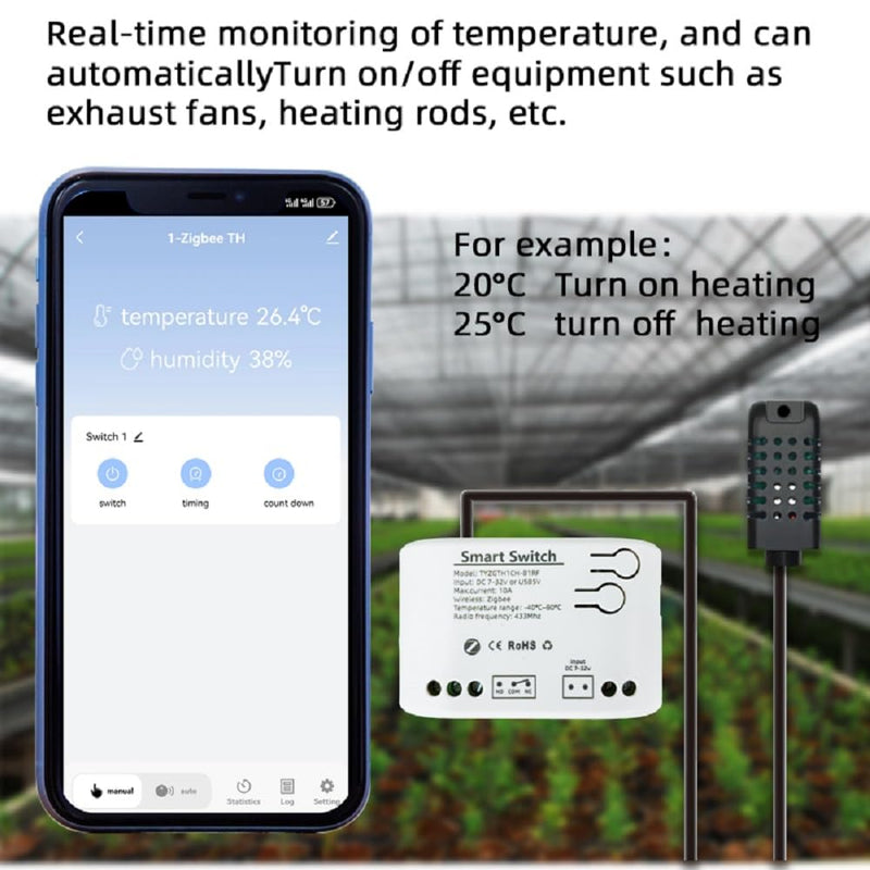 Zigbee Temperature & Humidity Controller, Extendable Probe Sensor, Tuya App Remote, 10A Relay Switch (T&H, 12, Volts) T&H 12 Volts