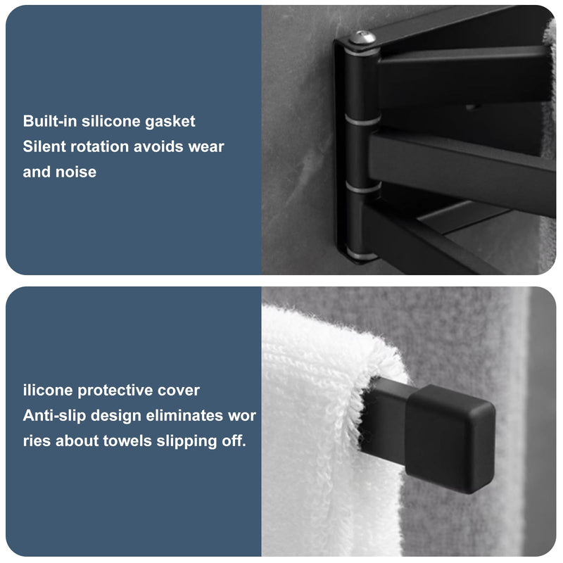 Swivel Towel Rack Wall Mounted, 9.5" Extra Long 3-Arm Swing Out Towel Holder, Matte Black Stainless Steel Space Saving Towel Bar for Bathroom, Kitchen, RV 9.5"