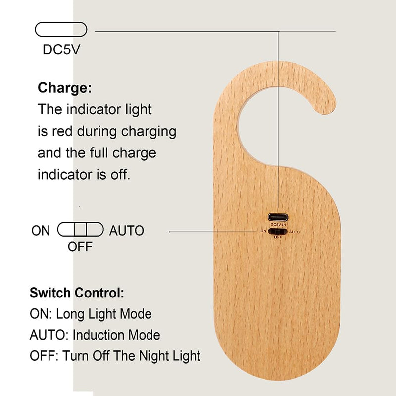 LANDGOO Message Motion Sensor Light, Portable Doorknob Memo Board Night Light with Stickers, Wooden Battery Rechargeable Warm LED Lamp for Bedroom Bathroom, Hanging Doorhandle Lighting (Beech 2Pack) Beech 2Pack