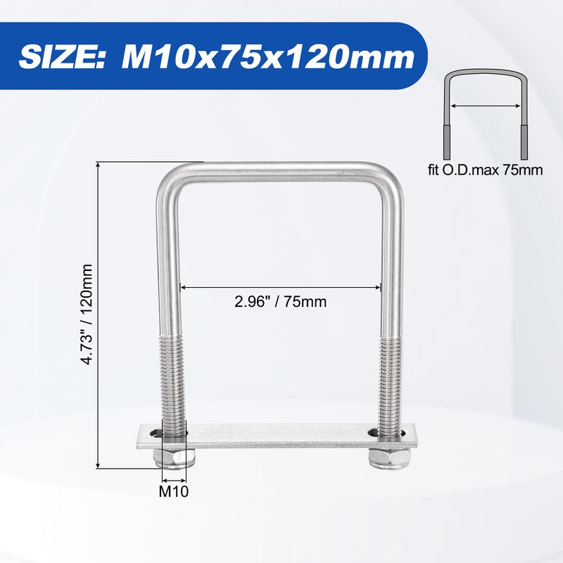 METALLIXITY U Bolts 2Set (M10x75x120mm), Square U Bolt Kits 304 Stainless Steel with Nylon Lock Nut Washers Plates - for Construction, Pipe, Trailer, Automotive, Leaf Spring Fastener M10x75x120mm 2