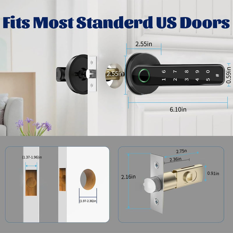 Fingerprint Door Lock,Touchscreen Biometric Door Lock, with Passcode keypad keyless Entry Door Handle,Smart Lock Handle Digital Door Lock, for Bedroom Home Hotel Office Apartment (Black) Black
