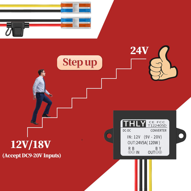 12VDC to 24VDC Vonverter 5A 120W, 12 to 24V Step up Converter with Fuse Waterproof and Wire Terminal Block, 12 to 24 Volt Converter for Golf Cart LED Light Truck Vehicle Boat (Accept DC9-20V Inputs)