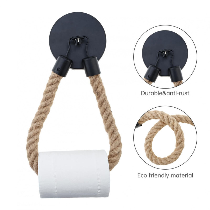 2 Pack Nautical Retro Hand Towel Ring Rope Toilet Paper Holder Wall Mounted for Bathroom or Kitchen,Pipe Rope Towel Ring,19.7 Inch Rope Tissue Holder (Iron, 2)