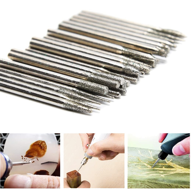 𝐋𝐮𝐨 𝐤𝐞 30 Pcs Diamond Burr Set, 3/32'' Shank Diamond Mounted Stone Carving Bits fits for Dremel Rotary Tools 3/32 in shank Silver