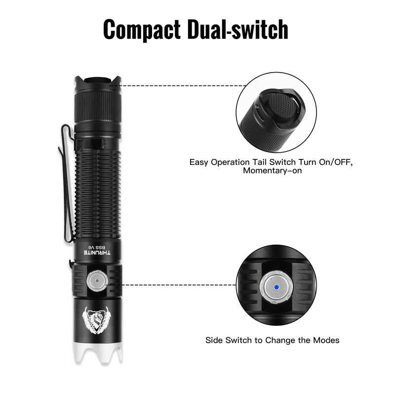 ThruNite BSS V6 Black Scout Survival Customized Edition EDC Flashlight, USB-C Rechargeable LED Flashlight, High 2000 Lumens, 6 Light Modes, Dual Switches Bright Flashlights, Black - CW BSS V6 Black CW