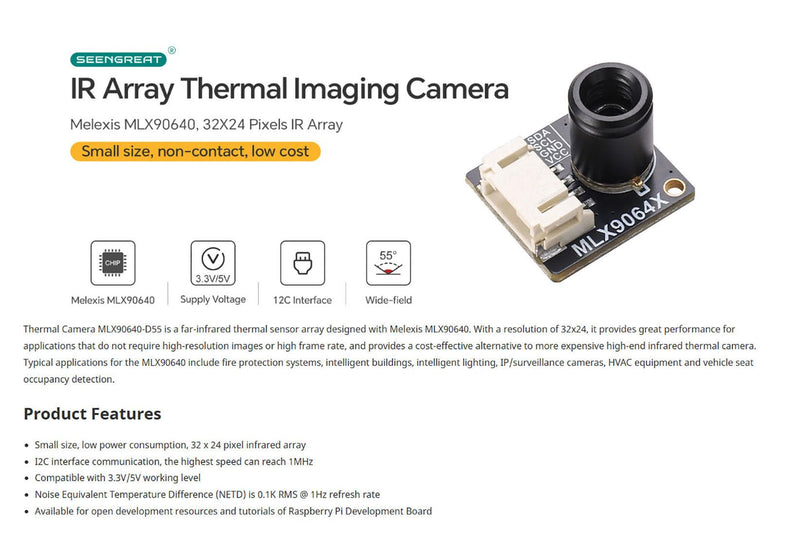 MLX90640 Thermal Imaging Camera, 32x24 IR Sensor Array for Raspberry Pi, HVAC, Fire Detection – Low Power, High Accuracy, I2C Interface