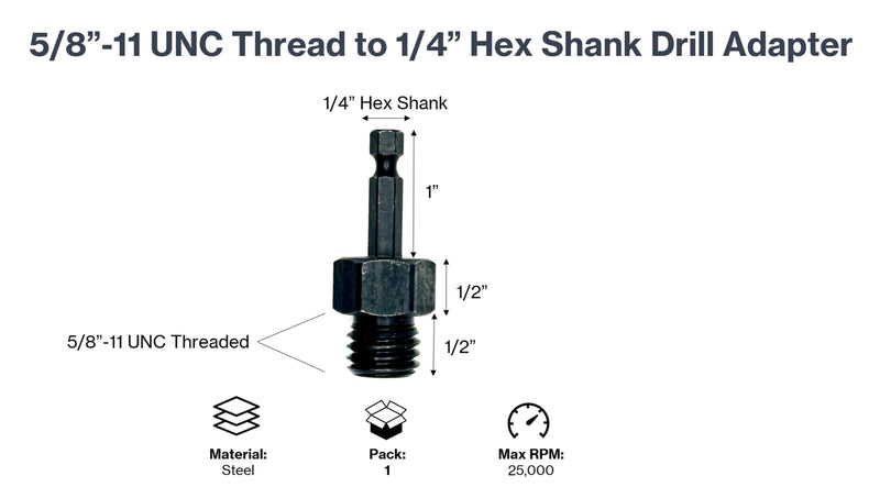 5/8" to 1/4" Hex Drill Adapter Converts 2" to 6" Polisher Pad Backing Plates or Core Drill Bit with 5/8”-11 UNC Thread to 1/4" Hex Shank for Use with Drills and Drill Press (1 Pack)