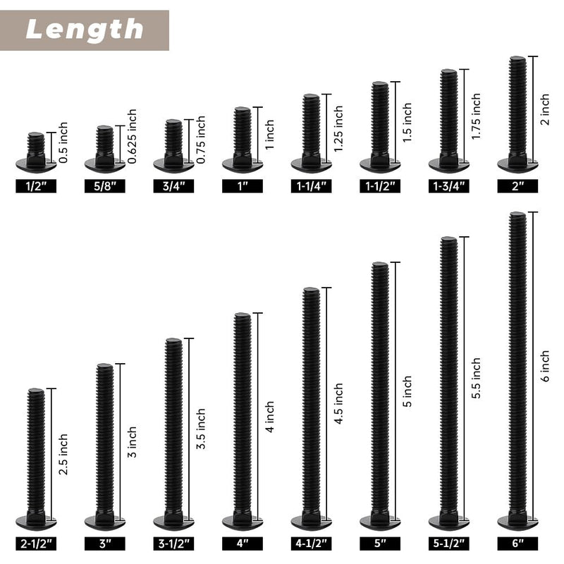Glvaner (8 Sets) 3/8-16 x 1-1/4" Stainless Steel Carriage Bolts Screws Black and Hex Nuts & Flat Washers Black, Round Head Square Neck, 304 Stainless Steel 18-8, Full Thread Coverage 3/8-16 x 1-1/4"