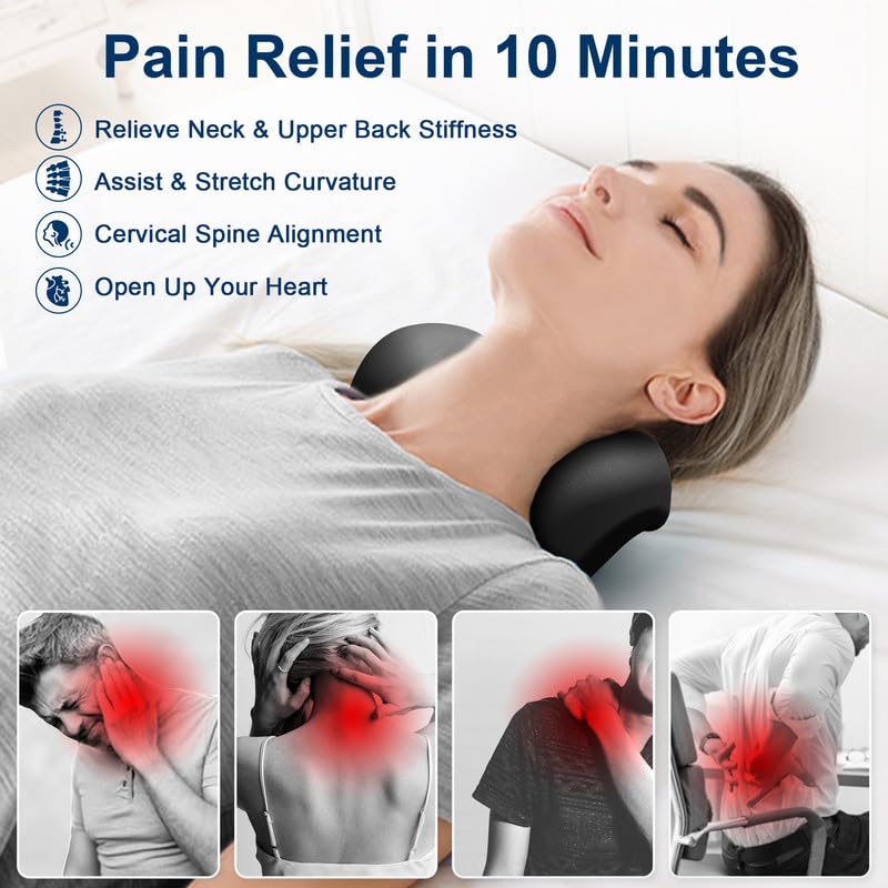 Neck and Shoulder Relaxer with Upper Back Massage Point, Cervical Traction Device Neck Stretcher for TMJ Pain Relief and Cervical Spine Alignment Chiropractic Pillow (Black) Black