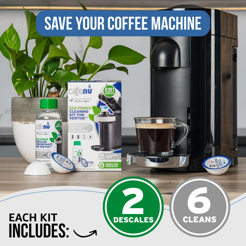Caffenu Descaling Kit Compatible with Nespresso Vertuo, 2 Uses Descaling Solution and 6 Cleaner Pods. Removes Limescale & Cleans Pod Area. Better Tasting & Hotter Coffee. 4 Months Supply.