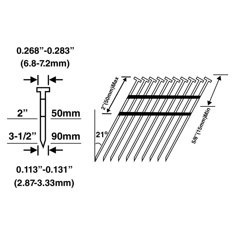 NuMax FRN.131-3B500 21 Degree 3" x .131" Plastic Collated Bright Finish Full Round Head Smooth Shank Framing Nails (500 Count)