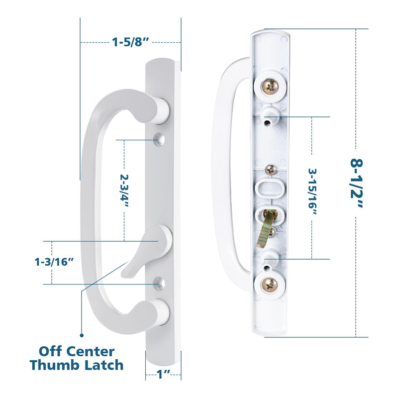 Keyed Sliding Patio Door Handleset, 45° Keyway, 3-15/16" H.C., Fits 1-3/8" to 2" Thick Doors, Non-Handed, White Diecast, Offset Position with Mortise Lock and Keeper｜Off Center Thumb Latch Keyed With Latch Lock+Keeper