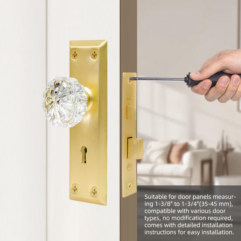 Mortise Lock Set with Crystal Glass Door Knobs for Interior Door Mortise Keyed Lock Replacement for Old Broken Door Knobs (Gold) Gold