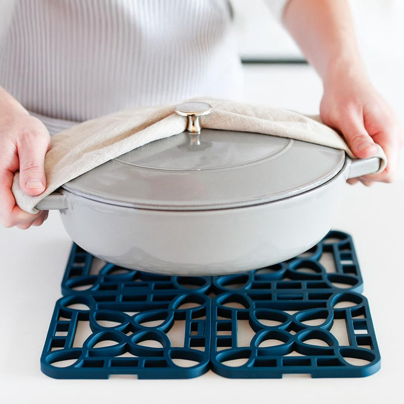 Capabunga 2-Pack Trivets for Hot Dishes - Blue Interlocking Hot Pads for Kitchen, Coffee Bar Essentials, Silicone Mats for Kitchen Counter, Heat Resistant Silicone Trivets for Pots and Pans