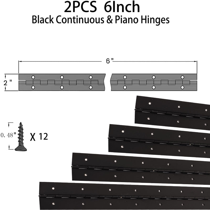 2PCS Black 6-Inch Heavy Duty Piano Hinge,2" Open Width Stainless Steel Continuous Hinges, Includes Pre-Drilled Holes and Screws, Ideal for Piano Cabinets ane Wooden Box. 6"-2PACK