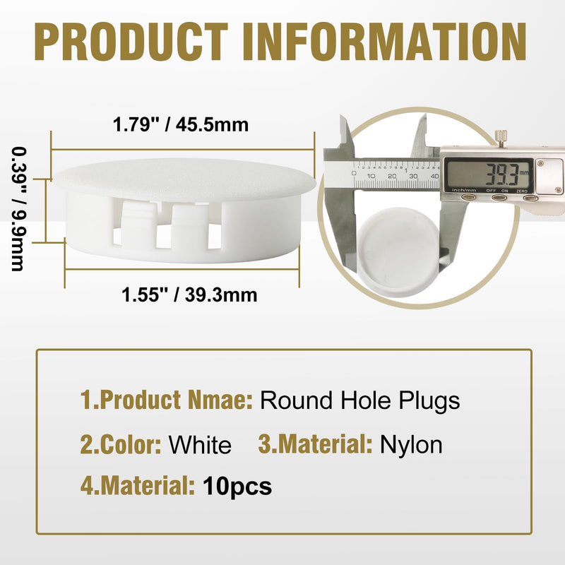 10pcs Plastic Hole Plugs, Snap in Locking Hole Tube Circular Locking Fastener Cover, Insert End Caps for Furniture Fencing Post Pipe - 40mm, White 40mm | 1-9/16" 10
