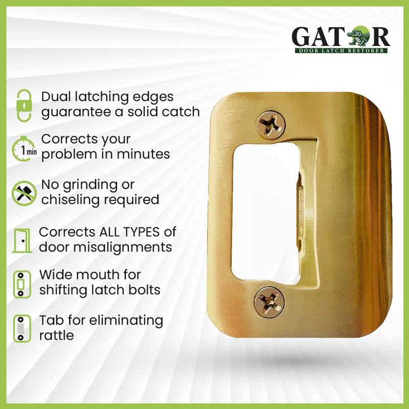 Gator Door Strike Plate with Screws, – 2-1/4" by 1-3/4" Universal Latch Restorer Alloy Steel Lock Hardware for Interior and Exterior Doors, Replacement Door Latch Plate | Bright Brass 4-Pack
