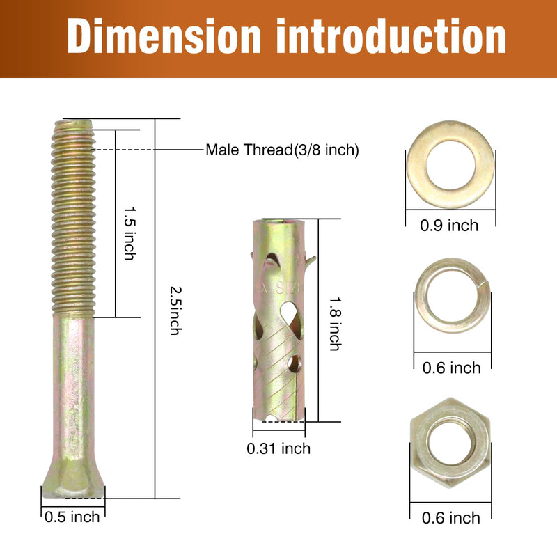 3/8" x 2-1/2 inch Carbon Steel Antiskid Sleeve Anchor, zinc Plated Non-Slip Expansion Anchors for Concrete Base Wall Furniture (10 pcs) 3/8x2-1/2 inch 10