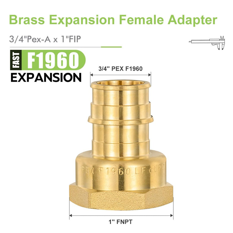 10 Pack Brass Expansion Female Adapter Fittings, 3/4 Inch Female NPT to 3/4 Inch PEX-A Brass Expansion PEX-A Fittings,NSF/ANSI 61 NSF 372 Certificate, ASTM F1960 Certified 3/4"Pex-A x 3/4"FIP-10Pack