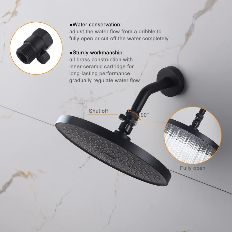 Matte Black Water Flow Control Valve, 1/2" Shower Head with Shut Off Valve, Brass Shut Off Valve for Handheld Shower, Water Pressure Regulator Replacement for Shower System Matte Black