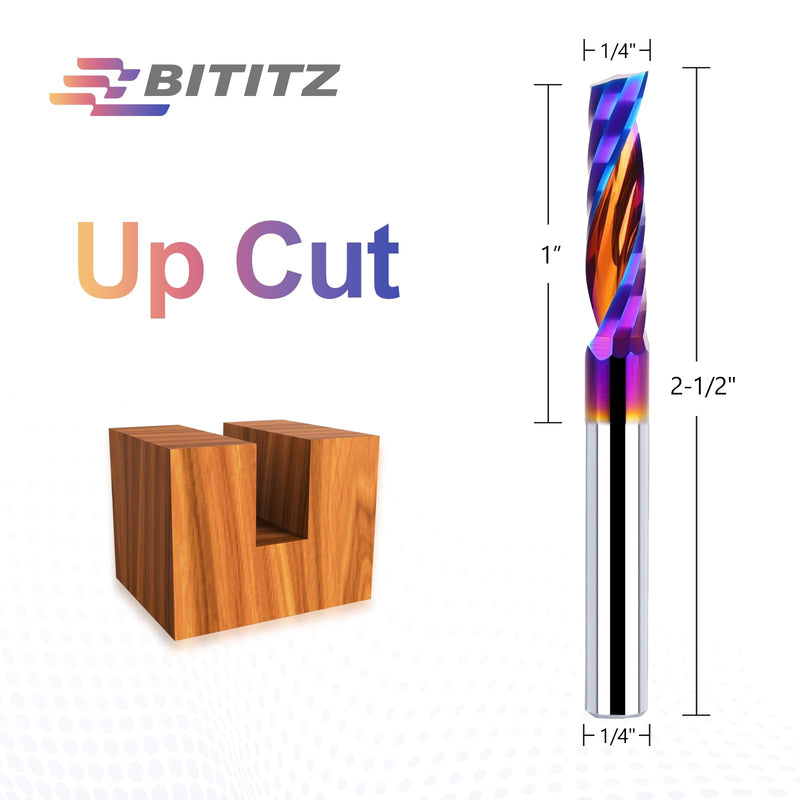 2PCS O Flute Spiral Router Bit 1/4 Inch Shank 1/4 Inch Cutting Diameter 1 inch Cutting Length with Extra Long Life Coating CNC Router Bits End Mill for Wood Cutting, Slot Mortise, Engraving 2 pieces
