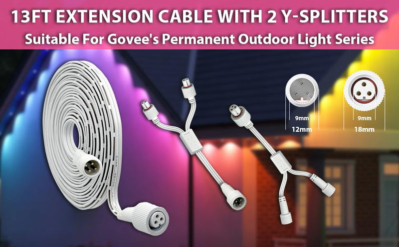 13FT Waterproof Extension Cable, 2 Y-Splitter Kit for Govee H705A H705B H705C H706A H706B H706C H705D H705E H705F,IP68 Permanent Lighting Extension Wire Patio Garden Roof Decorations