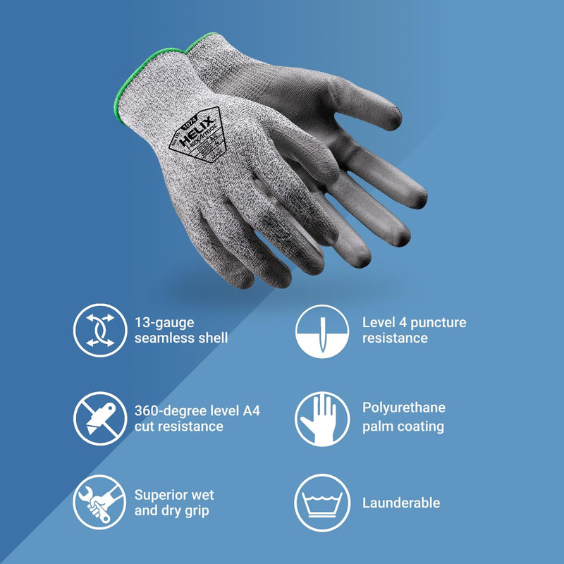 HexArmor | General-Purpose | Abrasion and Cut-Resistant | Breathable | Safety Work Gloves | Helix Series 1074 | A4 Cut-level Polyurethane Palm Medium 12-pack