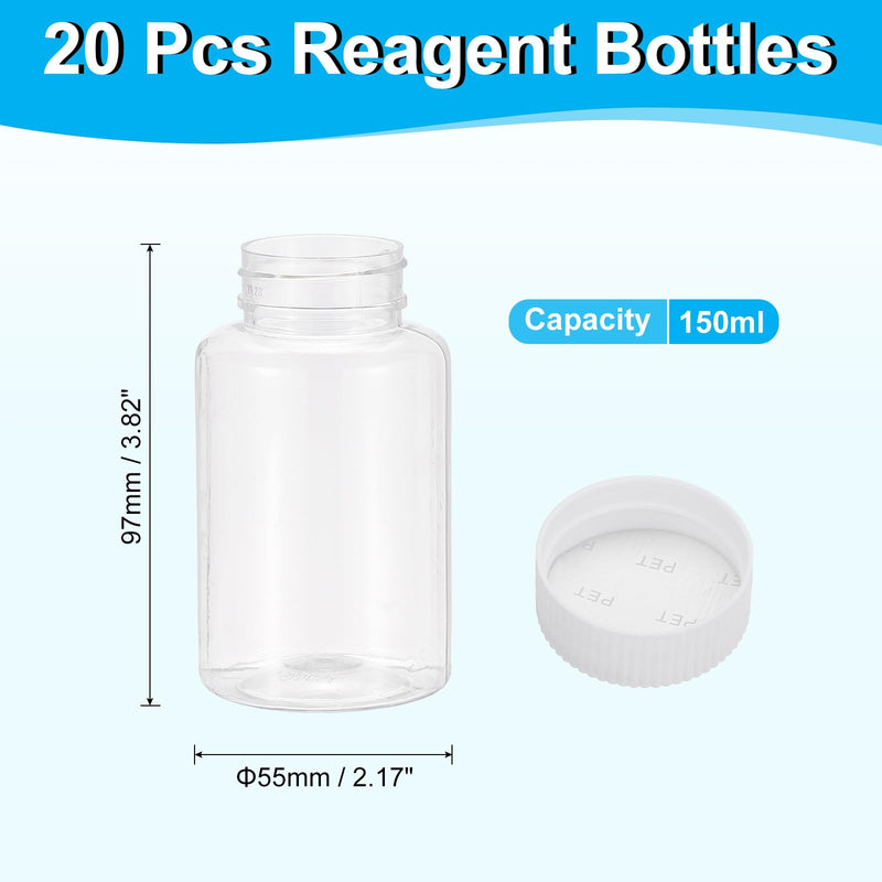 PATIKIL 20 Pcs 150ml Reagent Bottles, PET Wide Mouth Round Bottles with Screw Cap for Lab Water Reagent Liquids Solid Sample Storage Seal, Transparent