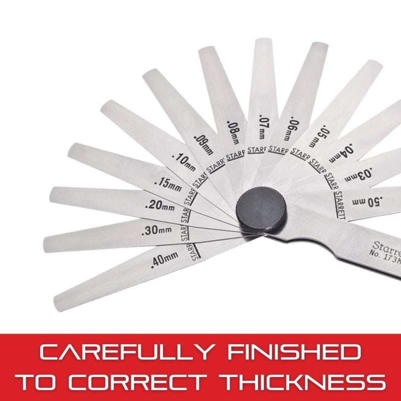 Starrett Tempered Steel Metric Thickness Gage with Tapered Leaves, Locking Device, Rugged and Substanial Steel Case - 0.03-0.50mm Thickness, 13 Leaves - 173MAT