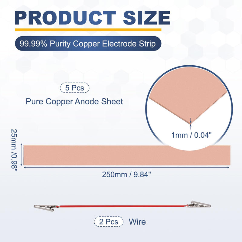 PATIKIL 25x250mm Copper Anode Sheet, 5 Pack Pure Copper Strip (99.995% Pure) 1mm Thick Plate Electrode Set with Alligator Clips Cables for Electroplating Plating Experiment