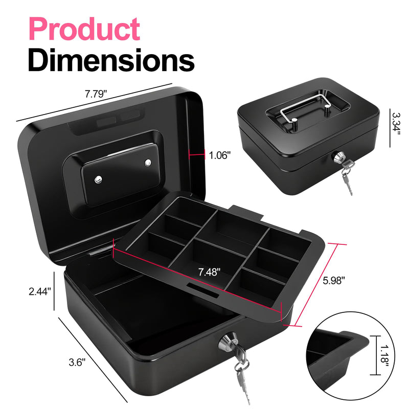 8" Cash Box with Money Tray | Metal Money Safe Lock Box Storage with Key for Valuables | Five Compartment Cash Tray Coin Drawer | 7.79"x6.30"x3.34" | Black Medium