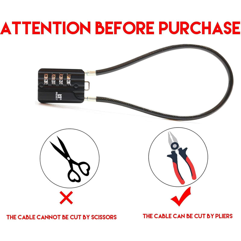 RESET-201 (1 Pack) 4 Digit Combination Padlock with 12 inch (30cm) Steel Cable,Cable Lock for Trash Can, Locker, Gym Locker, Luggage, Suitcase, Gun Case, Trigger,Helmet, 5mm Diameter, Black 1 30cm(12 inch)Cable