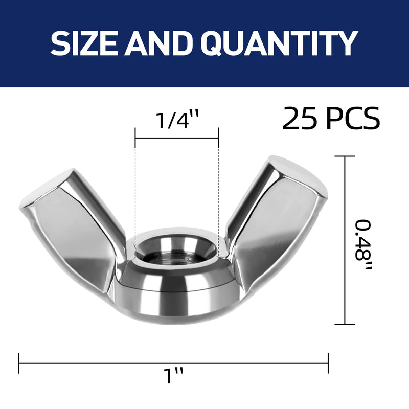 1/4-20 Wing Nuts, Stainless Steel 18-8 (304), Parts Hurrican Screws Hand Twist Tighten Ear Butterfly Nut, 25 PCS 1/4"-20