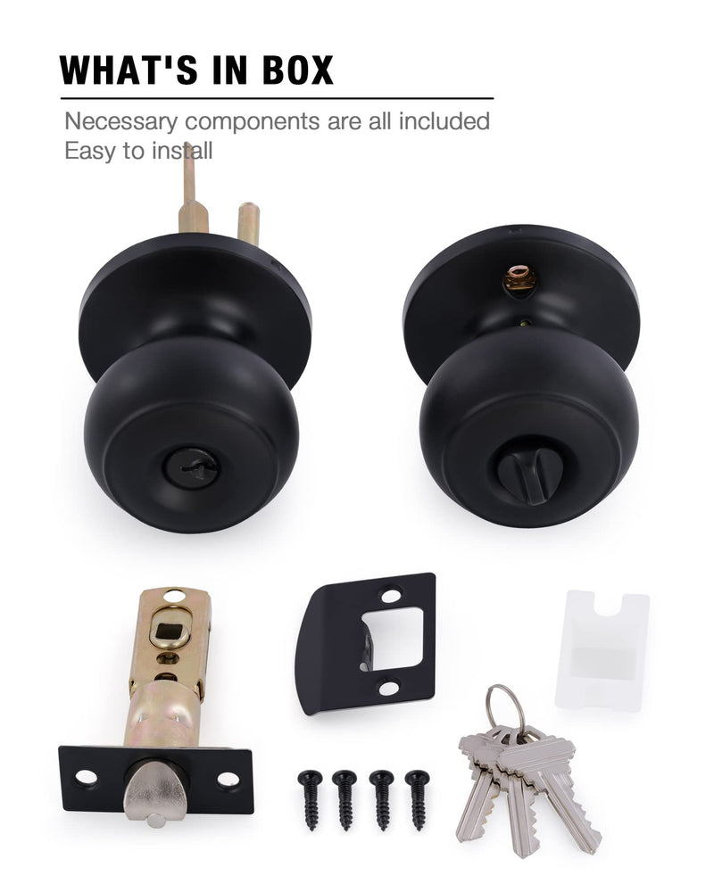 (3 Pack Matte Black Door Knobs Interior Keyed Difference Entry Front Bedroom Doorknobs with Lock Flat Ball Handle Lock Sets 3 Matte Black keyed Difference