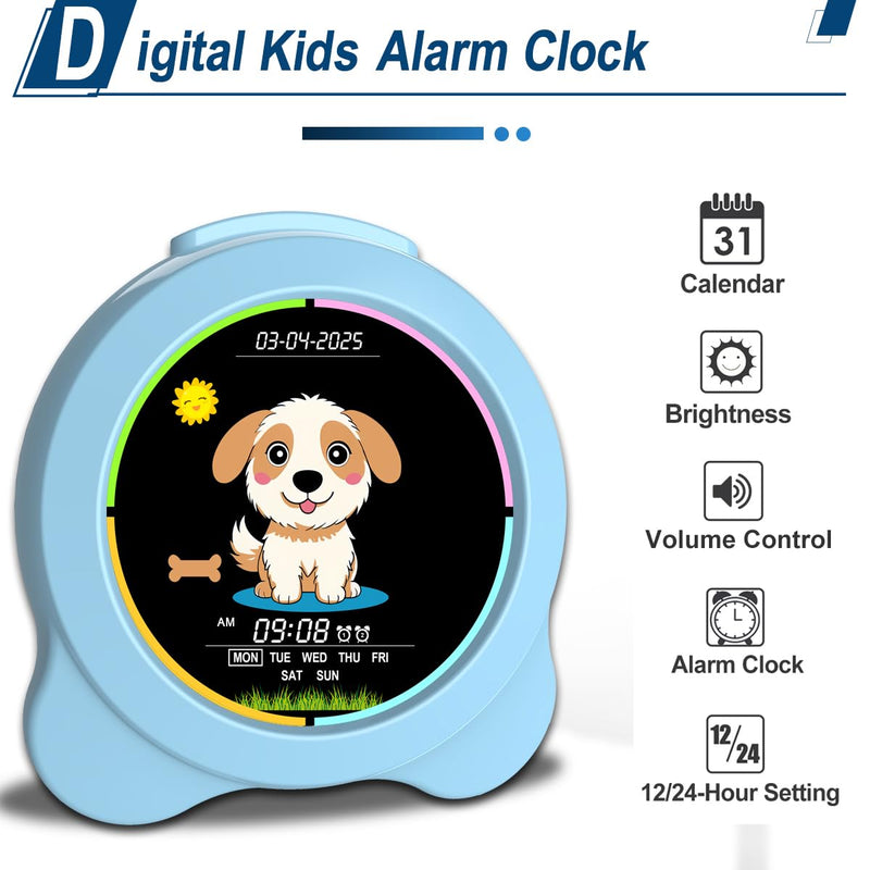 Kids Alarm Clock Sun & Moon& Dog LED Display with Day & Date OK to Wake Clock with Night Light for Kids Children's Sleep Trainer Gift for Boy and Girls Gog Blue