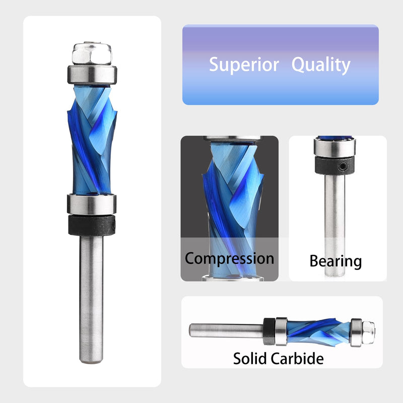 Compression Spiral Flush Trim Router Bit Top & Bottom Bearing 1/2 inch Cutting Dia with 1/4 inch Shank with Nano Coated Pattern Solid Carbide Template Woodworking Tool FRCT2 1/2"Dia +1/4" Shank