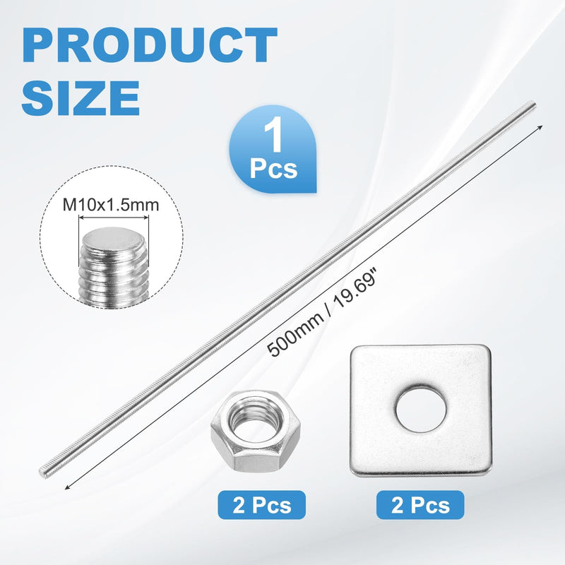 MECCANIXITY 1Set M10x500mm Fully Threaded Rod, 304 Stainless Steel Threaded Rods Bar Studs Right Hand Threads with Nut Square Washer for Structural Anchoring Fastening Screw 1