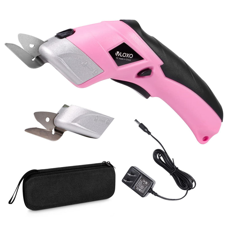 VLOXO Cordless Electric Scissors with 2 Blades Rechargeable Powerful Shears Cutting Tool for Fabric Cardboard Carpet Leather Felt with Charger & Storage Box-Pink Pink