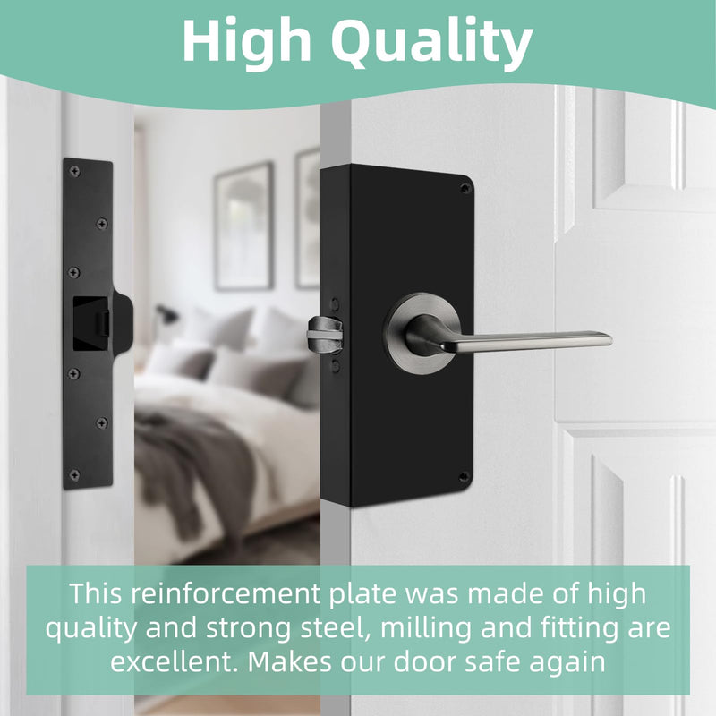 Door Lock Reinforcement Plate U 9585 1-3/8 inch x 9 inch Thick Stainless Steel and U 9476 Maximum Security Latch Strike (1-1/4 in. x 7-7/8 in.) Black
