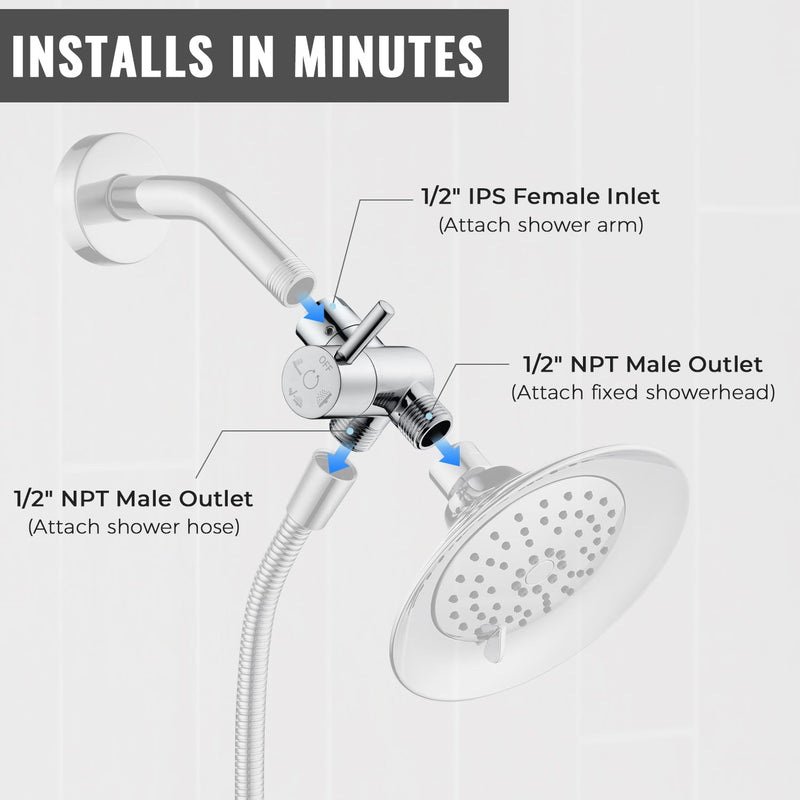 G-Promise All Metal High-Flow Shower Diverter Valve with Pause Mode, 3-Way 4 Setting Splitter for Handheld and Fixed Spray Showerhead Adapter, Bathroom Universal Replacement Part (Chrome) Chrome